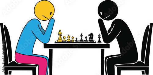 Two people playing chess strategy board game illustration art