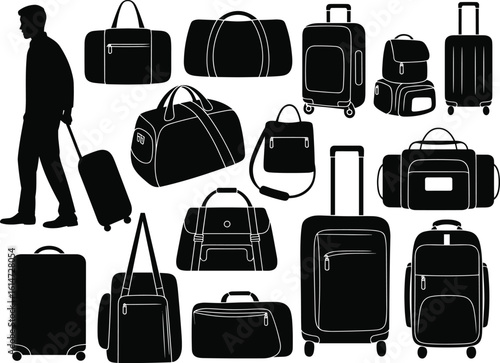 Silhouette Collection of Travel Bags, Suitcases, and Walking Traveler – Ideal for Vacation, Packing, and Lifestyle Design Concepts