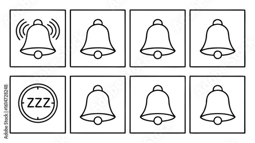Eight simple black and white bell icons and sleep symbol graphic outline