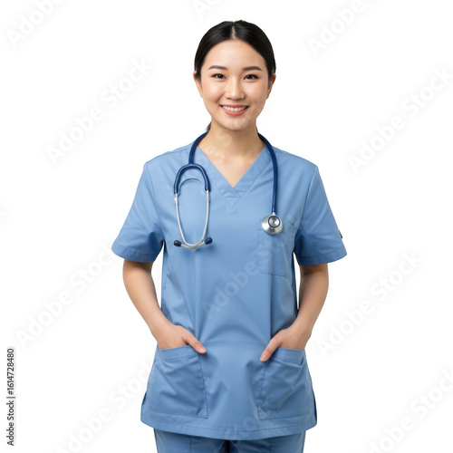 A smiling young asian female healthcare professional wearing blue scrubs and a stethoscope isolated on transparent background