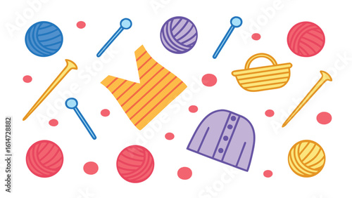 Flat design illustration of knitting supplies yarn needles basket and garment vector