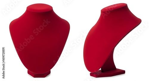 Necklace bust Jewelry display stand, isolated on white, crimson red velvet