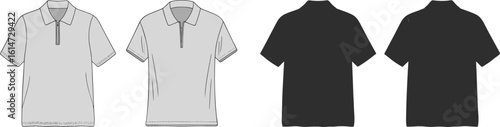 Men’s zip collar polo shirt front and back view, fashion flat sketch, vector cad drawing for casual apparel design template