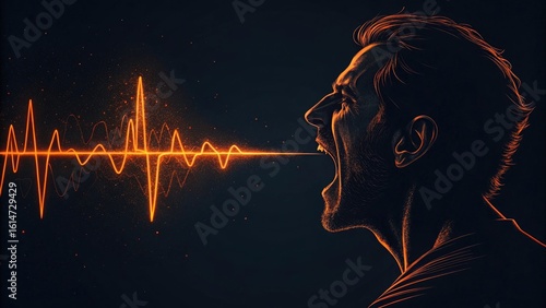 Man shouting with vibrant orange sound wave emanating from mouth in darkness.