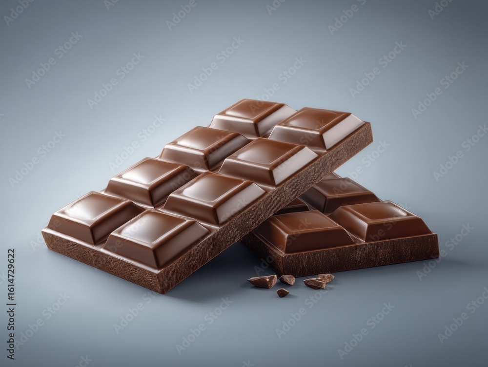 Broken Glossy Chocolate Bar Pieces on a Simple Background Broken Glossy Chocolate Bar Pieces on a Simple Background