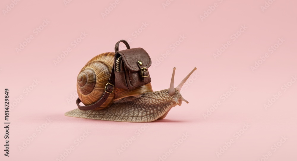 Obraz premium Adorable snail wearing a tiny backpack against a soft pink background ready for a slow adventure
