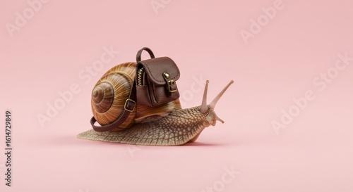 Adorable snail wearing a tiny backpack against a soft pink background ready for a slow adventure