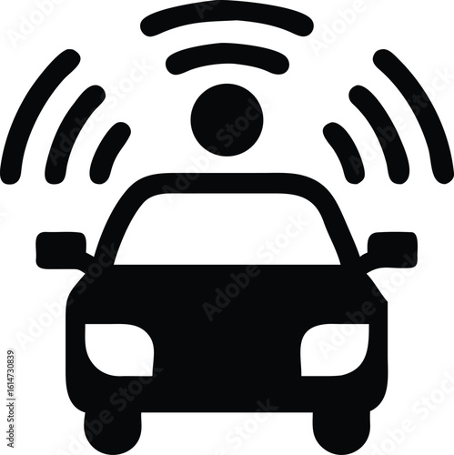 Black Autonomous Car Icon with Wireless Signal on White Background Illustration