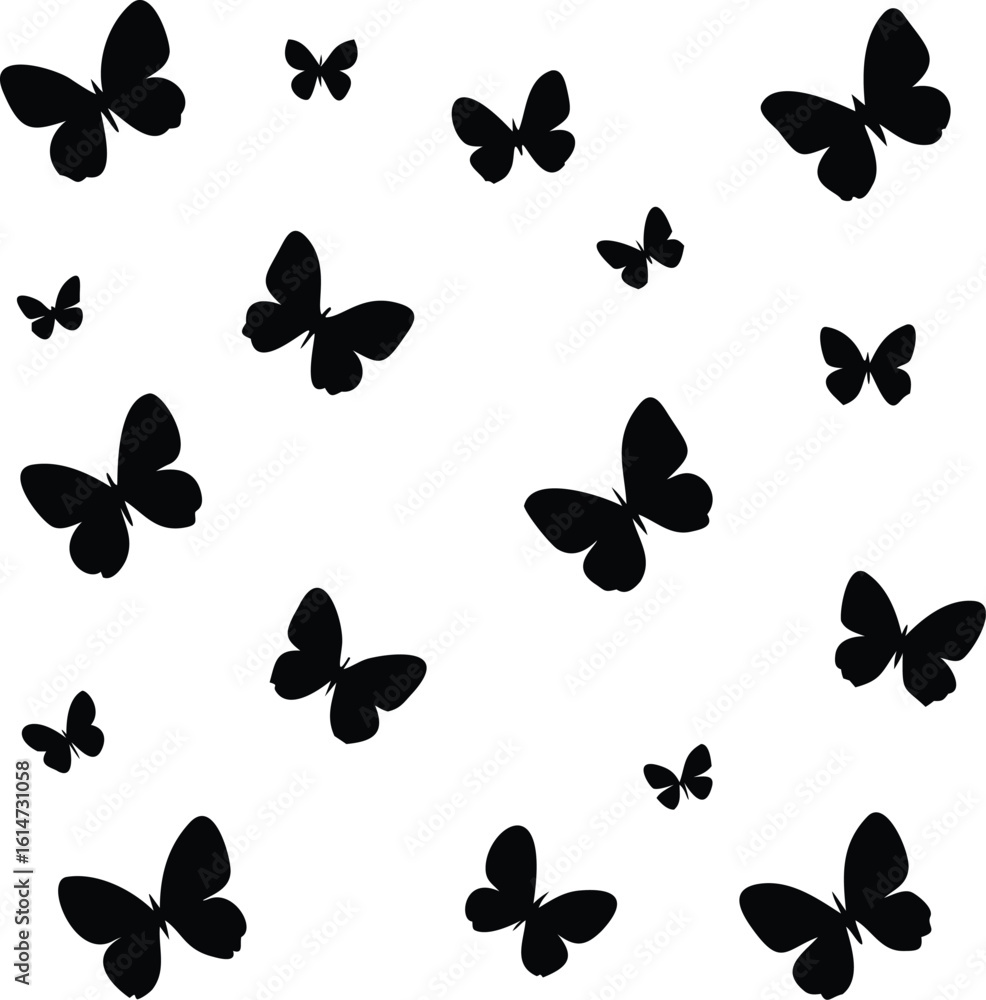 Fototapeta premium Black Butterfly Silhouette Pattern on White Background Simple Elegant Design for Creative Projects