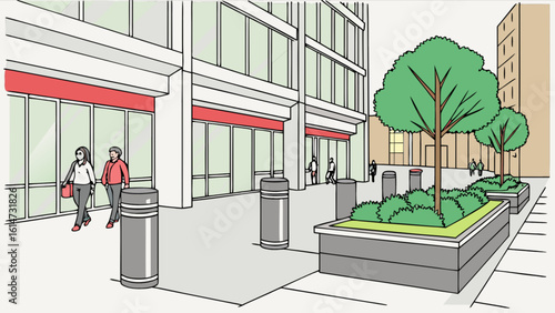 Illustration of urban street scene with people walking near modern buildings and trees in planters