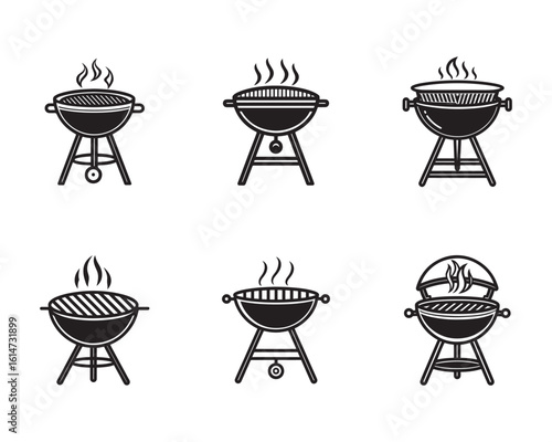 Grill Icons Set Barbecue Outdoor Cooking Grilling Equipment and Summer Party Black and White Vector Illustration