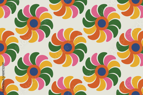 Groovy retro pinwheel floral seamless vector pattern background.