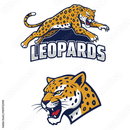 Leopard Mascot Logos Dynamic Pouncing & Fierce Head Shot