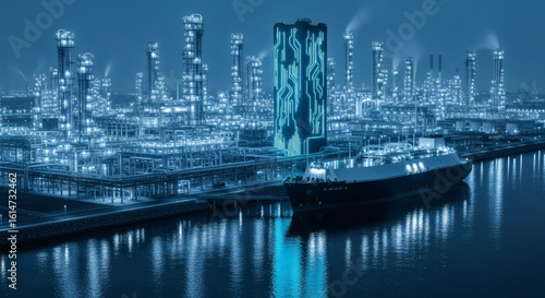 Sprawling futuristic industrial complex and refinery with a tanker ship docked at the glowing blue harbor at night.