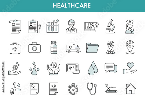 Healthcare Icon Set: Modern Line Art Style, Medical Symbols, Clean Minimalist Design, Blue and Gray Color Palette,  Medical Services, Hospital, Doctor, Nurse, Patient, Treatment, Pharmacy.