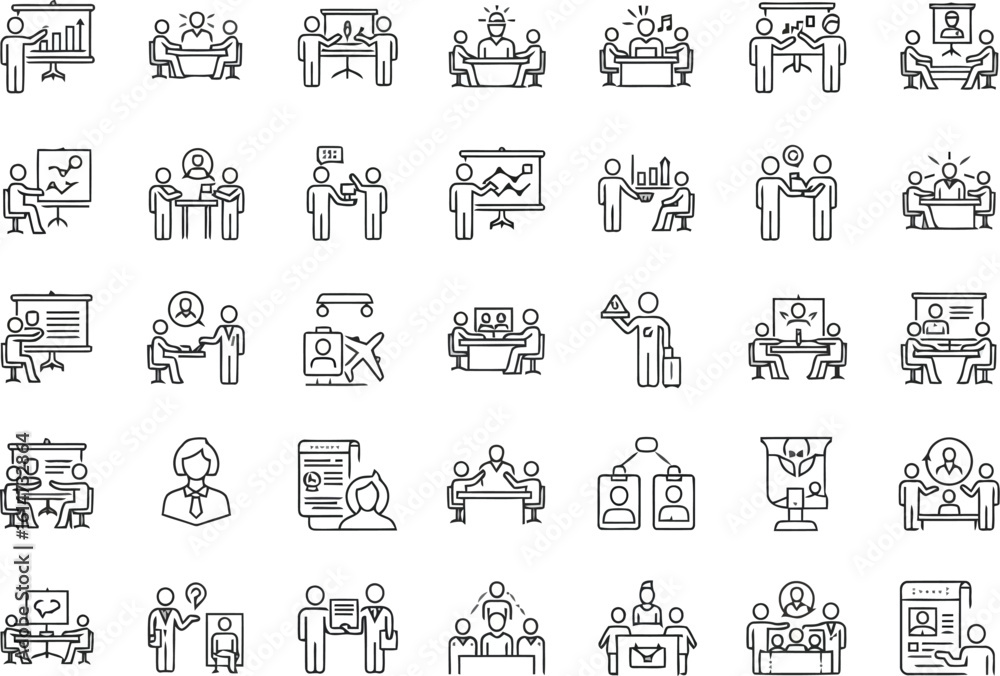 Modern Minimalist Line Icons: Business Meetings, Presentations, Teamwork, and Collaboration Graphics Modern Minimalist Line Icons: Business Meetings, Presentations, Teamwork, and Collaboration Graphics