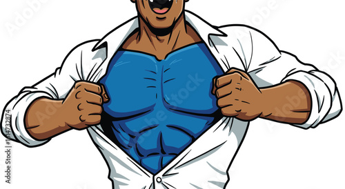 Strong Superhero Character Ripping Shirt Open – Muscular Comic Hero Revealing Costume for Action, Fitness, Power, and Lifestyle Concepts