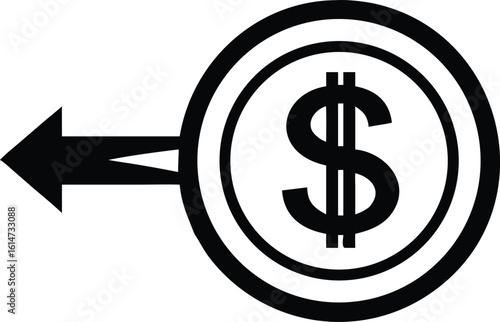 Black dollar coin with arrow pointing left indicating transfer, payment or withdrawal