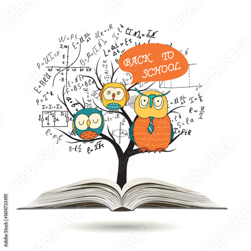 Mathematical equations and formulas on the tree. Back to school. A smart owl in a tie and two small, cute owls are sitting on a tree branch. Beautiful cartoon doodle. Vector