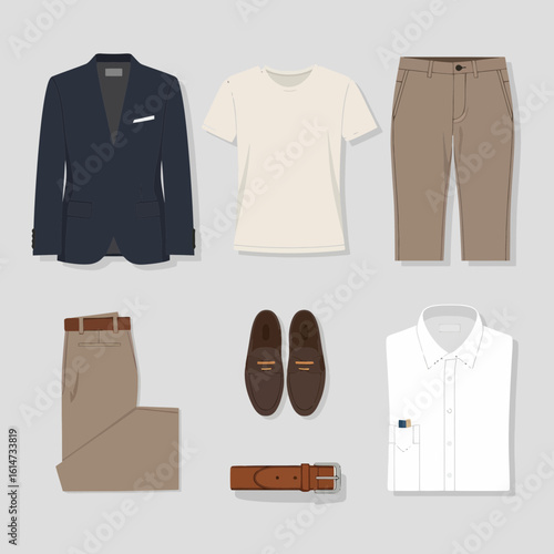 Men's capsule wardrobe stylish blazer, tee, chinos, shirt, loafers and belt for versatile everyday outfits