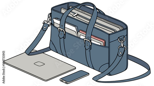 A stylish leather briefcase with a laptop and phone, isolated on white background, representing business and professional life