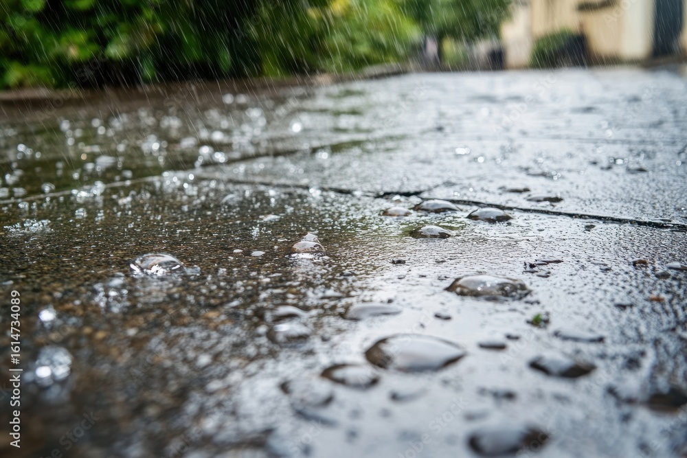 Fototapeta premium City street glistens with rain as droplets accumulate on the wet pavement, a city street with rain drops on the ground