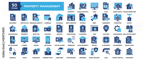 50 Property Management System icon set. Containing design property, system, management, business, concept, technology	