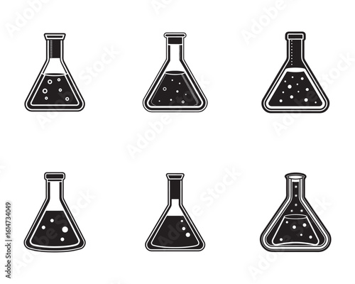 Laboratory glassware illustration featuring different erlenmeyer flasks with liquid for science education and chemical experiments presented in black and white