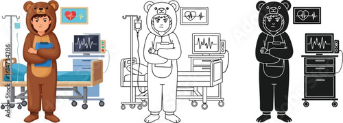 Hospital patient in bear costume illustration vector design medical care treatment recovery