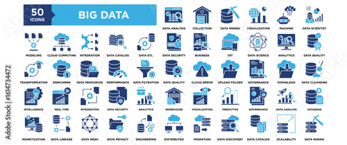 50 Big Data icon set. Containing design digital, technology, data, network, science	