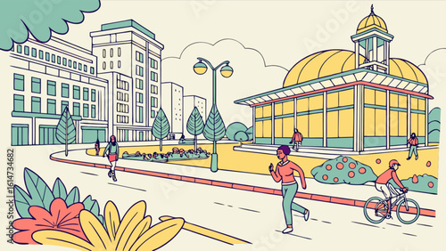 A colorful urban scene depicting city life with people walking, running, and cycling amidst buildings and green spaces, showcasing a vibrant community