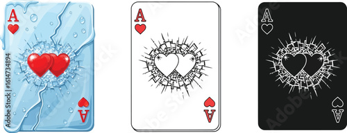 Ace of hearts playing card design with frozen ice effect and broken heart concept illustration