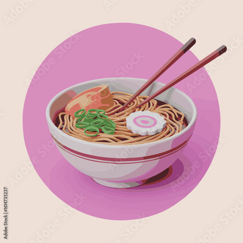 Illustration of a bowl of ramen with chopsticks and pink background circle in cartoon style