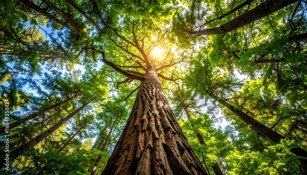 Obraz premium Sunlight streams through a dense forest canopy