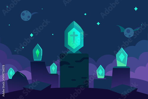 glowing runes floating above tombstones mystic