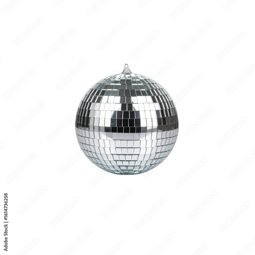 Fototapeta premium Shiny silver disco ball with shiny reflective glass discs, perfect for parties, clubs on a white background