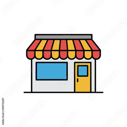Illustration of a small business storefront with a red and yellow striped awning and a blue window