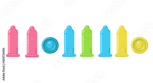 Colorful condoms in various shapes arranged on transparent background  