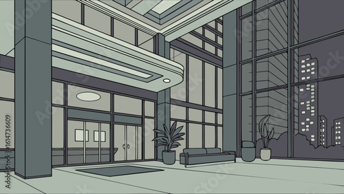 Modern building lobby interior design with plants and city view office architecture illustration
