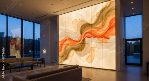 Elegant modern lobby featuring a large, backlit abstract art wall with flowing orange and gold designs, creating a sophisticated ambiance.