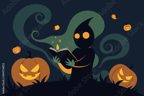 shadowy figure reading glowing spellbook