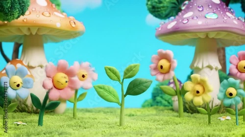 Animated baby plant dancing as it grows, in a whimsical garden with singing flowers and colorful mushrooms