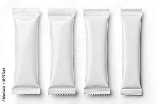 Four blank white stick packet sachets isolated on a white background