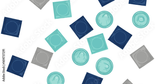 Assorted condom packets in blue, green, and gray colors scattered  