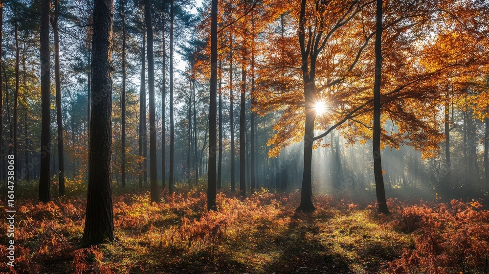 Obraz premium Sunbeams illuminate a misty autumn forest with tall trees and colorful leaves.