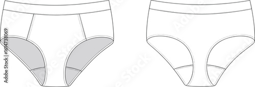 Flat vector CAD drawing of women’s briefs featuring front seams, soft waistband, leg binding, full coverage, comfortable undergarment template design