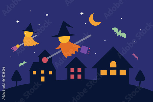 trick or treaters flying broomsticks night