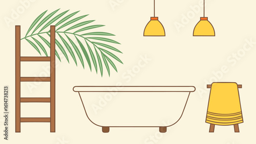 Minimalist bathroom with freestanding tub ladder and yellow towel interior bathtub