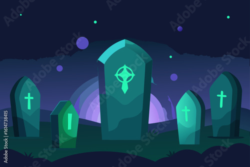 glowing runes floating above tombstones mystic