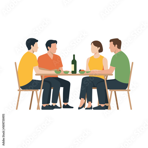 Dinner Gathering, Friends, Home Dining Room, Illustration, Cozy Atmosphere, Group View, Social Connection